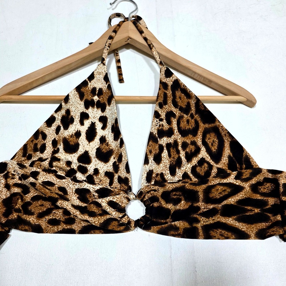 ROMWE Halter Top Womens Medium Brown Leopard Print Ring Detail Wrap Crop Top